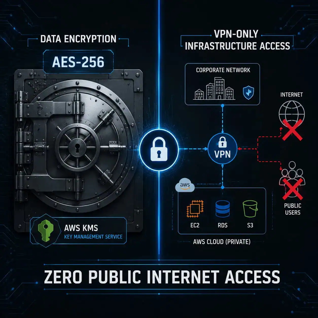 () split-panel illustration showing left side: a locked vault door representing data encryption with AES-256 label and AWS