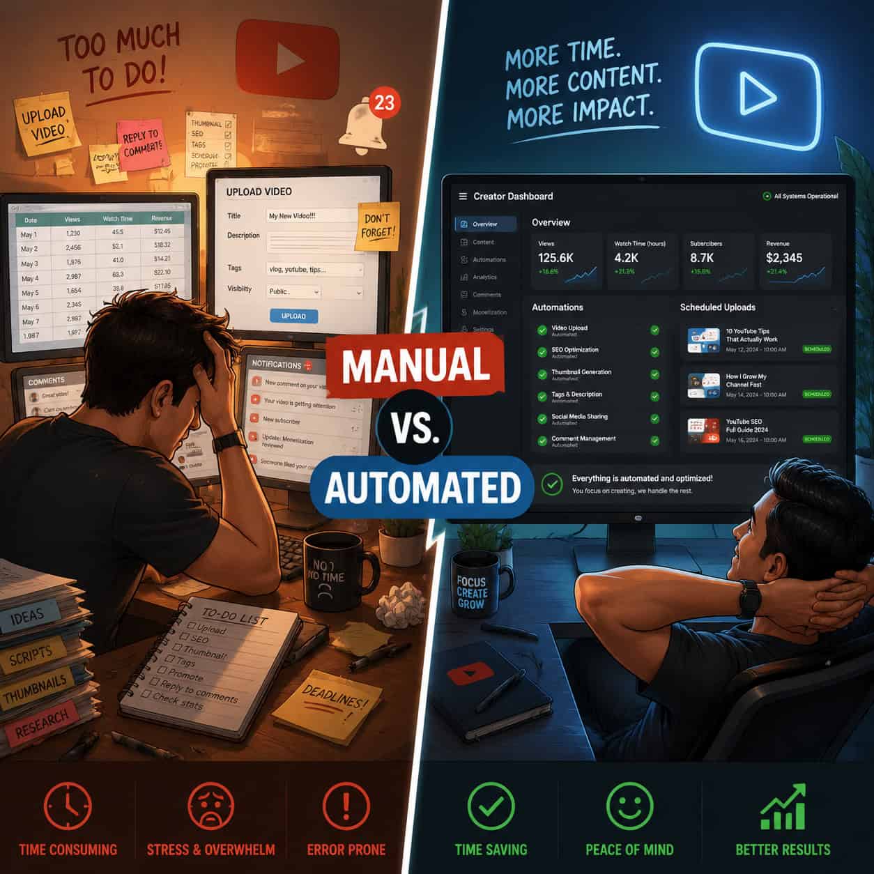 () split-scene comparison image: left side shows a stressed YouTuber manually managing spreadsheets, upload forms, and