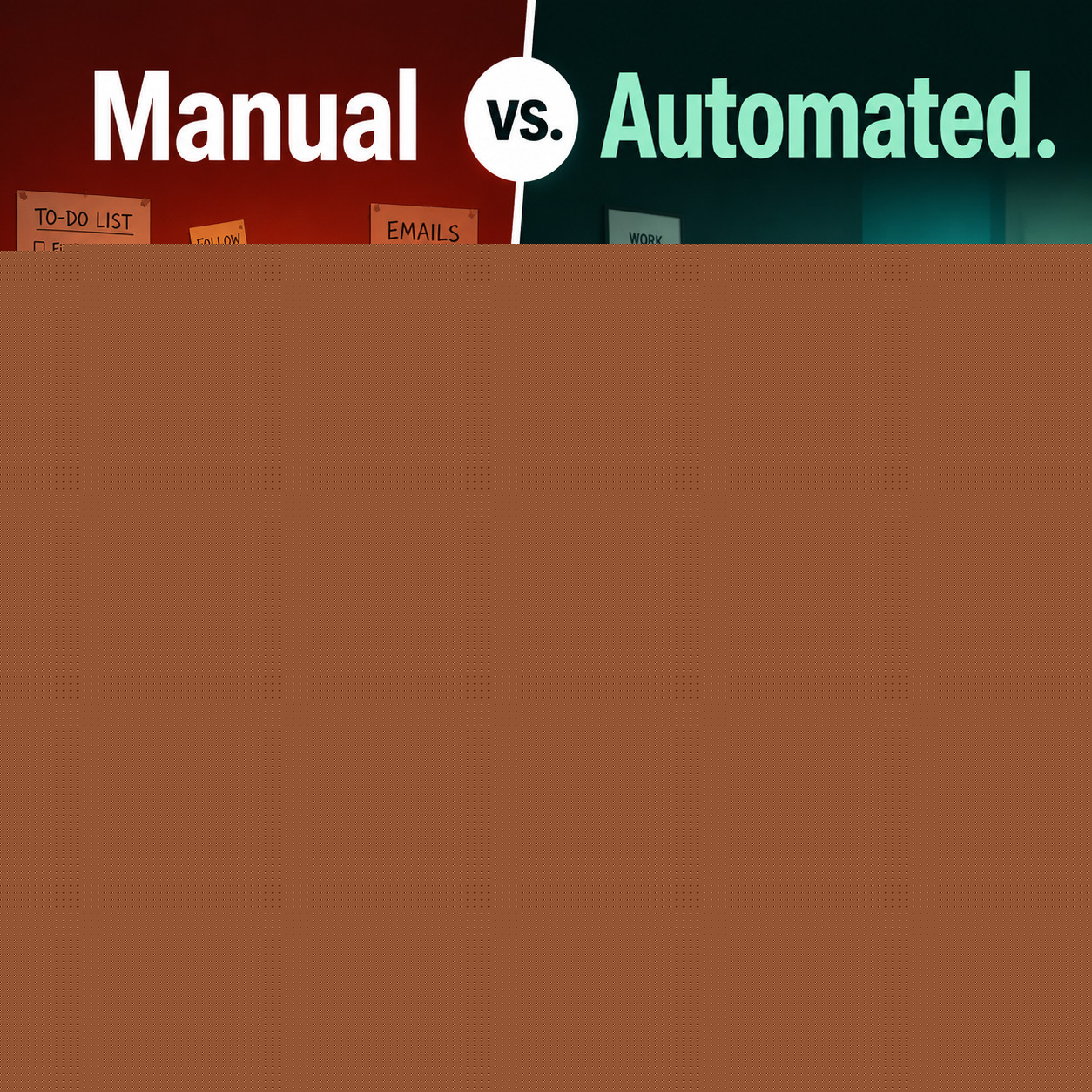 () split-scene illustration: left side shows a person manually sending individual emails at a cluttered desk looking