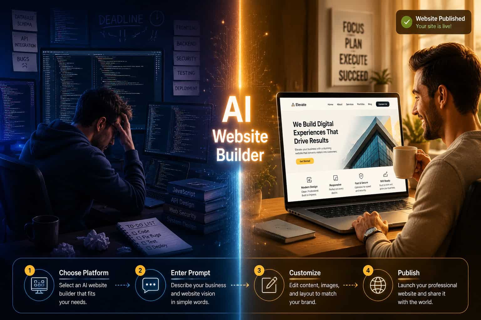 () split-scene image: left side shows a stressed developer surrounded by complex code on multiple screens in a dark room;