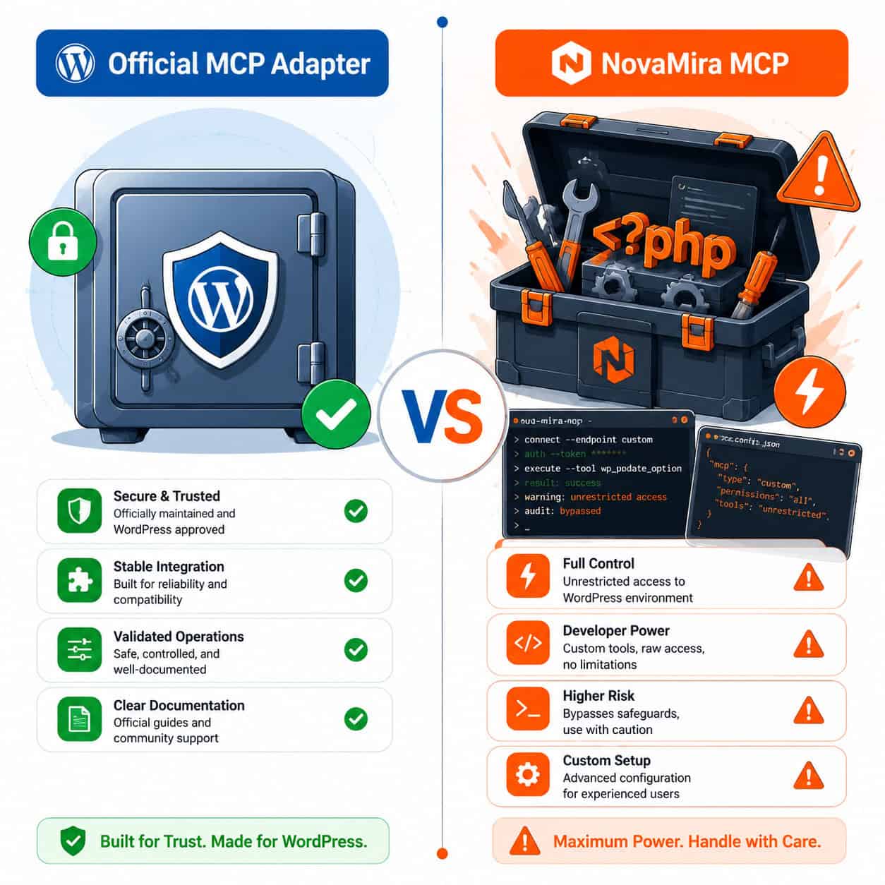 () split-screen comparison illustration: left side labeled 'Official MCP Adapter' shows a secure vault icon with a shield