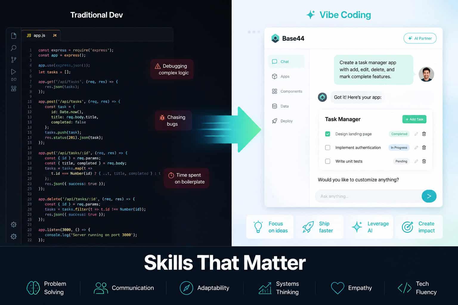 () split-screen comparison illustration. Left side shows a traditional coding environment with dense lines of JavaScript