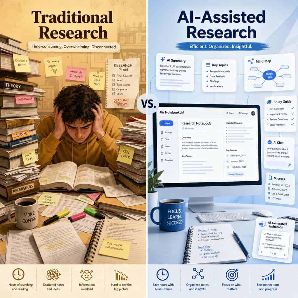 () split-screen comparison illustration. Left side shows a traditional research scene with a student buried under stacks of