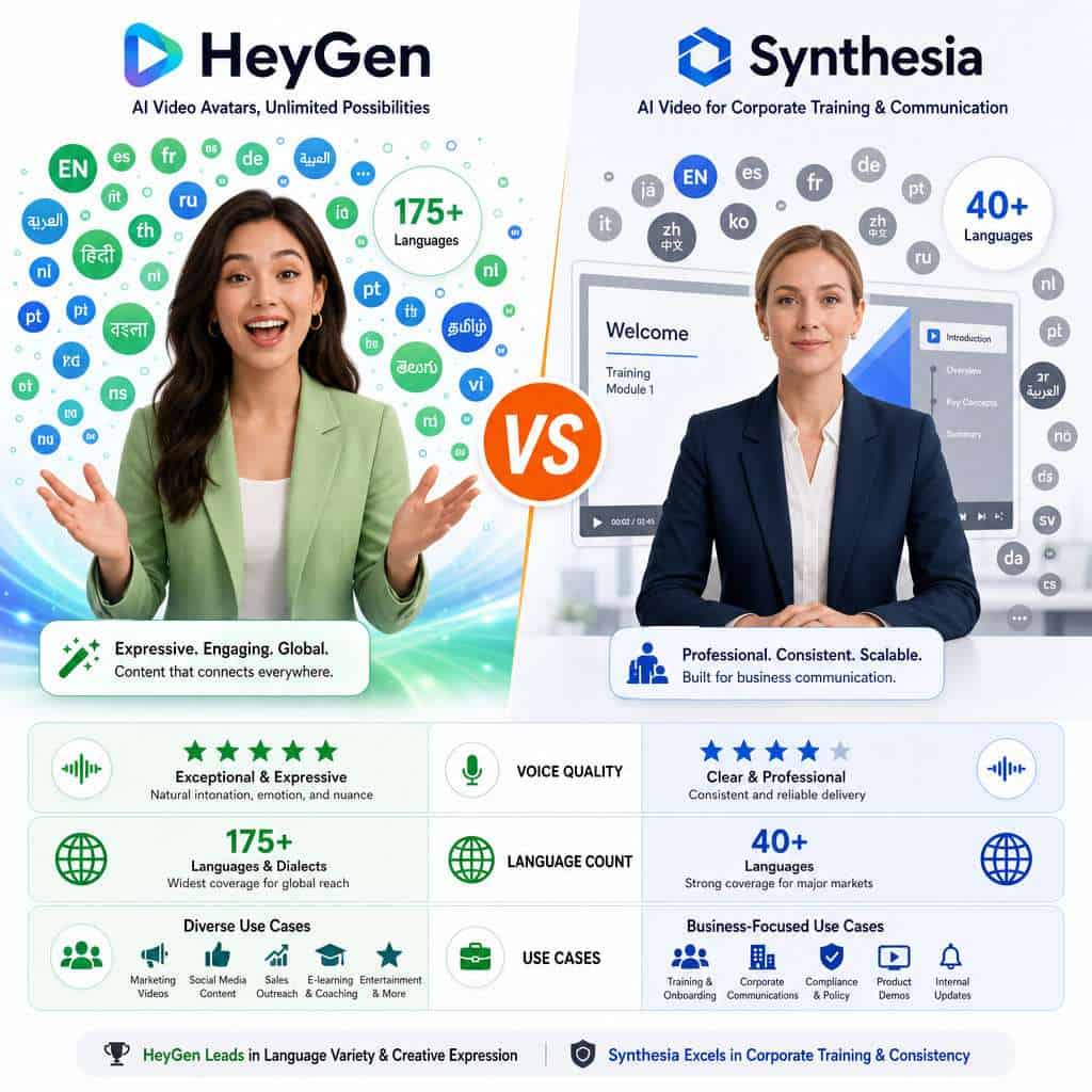 () split-screen comparison image: left panel labeled 'HeyGen' shows an expressive AI avatar presenter with 175+ language