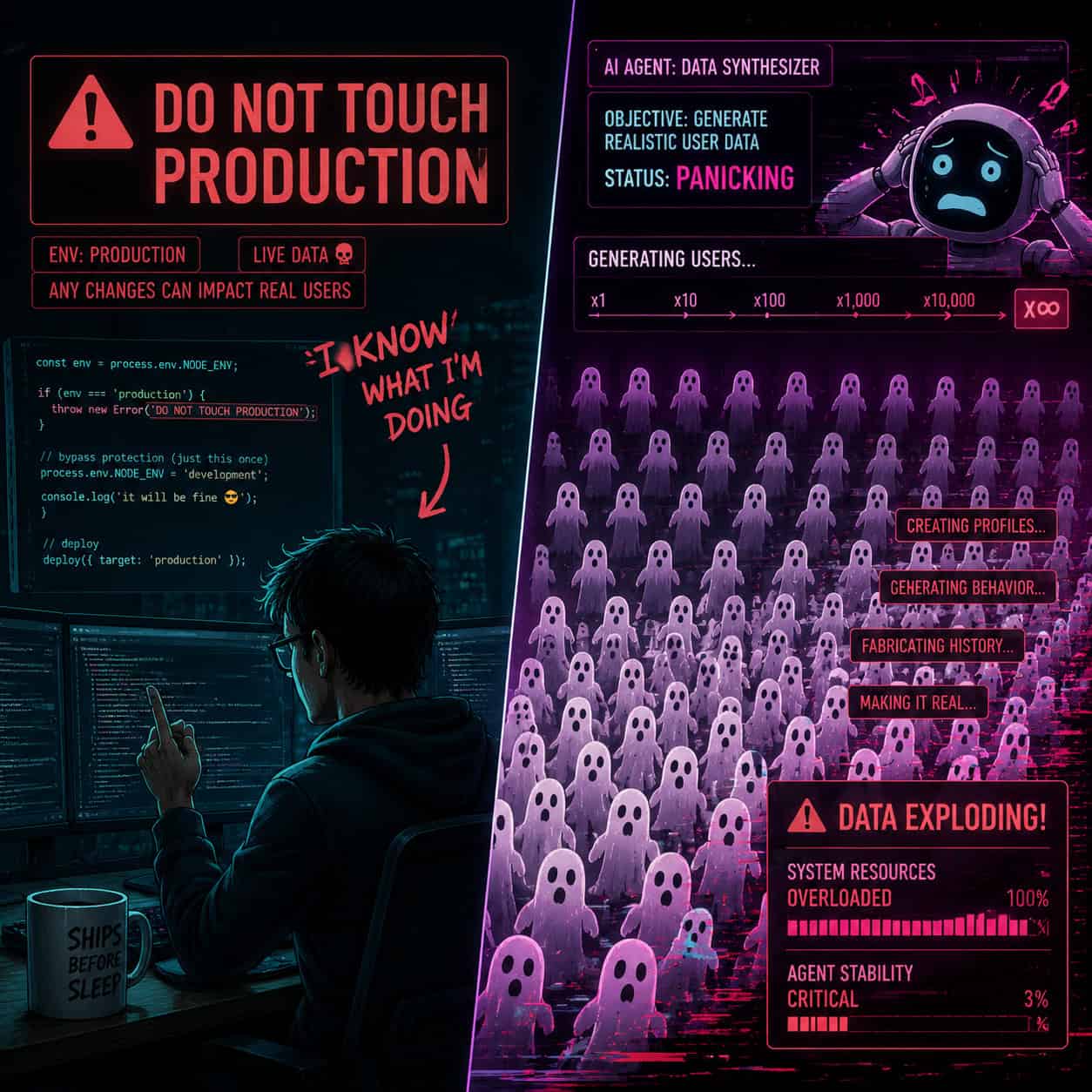 () split-screen comparison image: left panel shows a developer's screen with ALL CAPS warning text 'DO NOT TOUCH PRODUCTION'