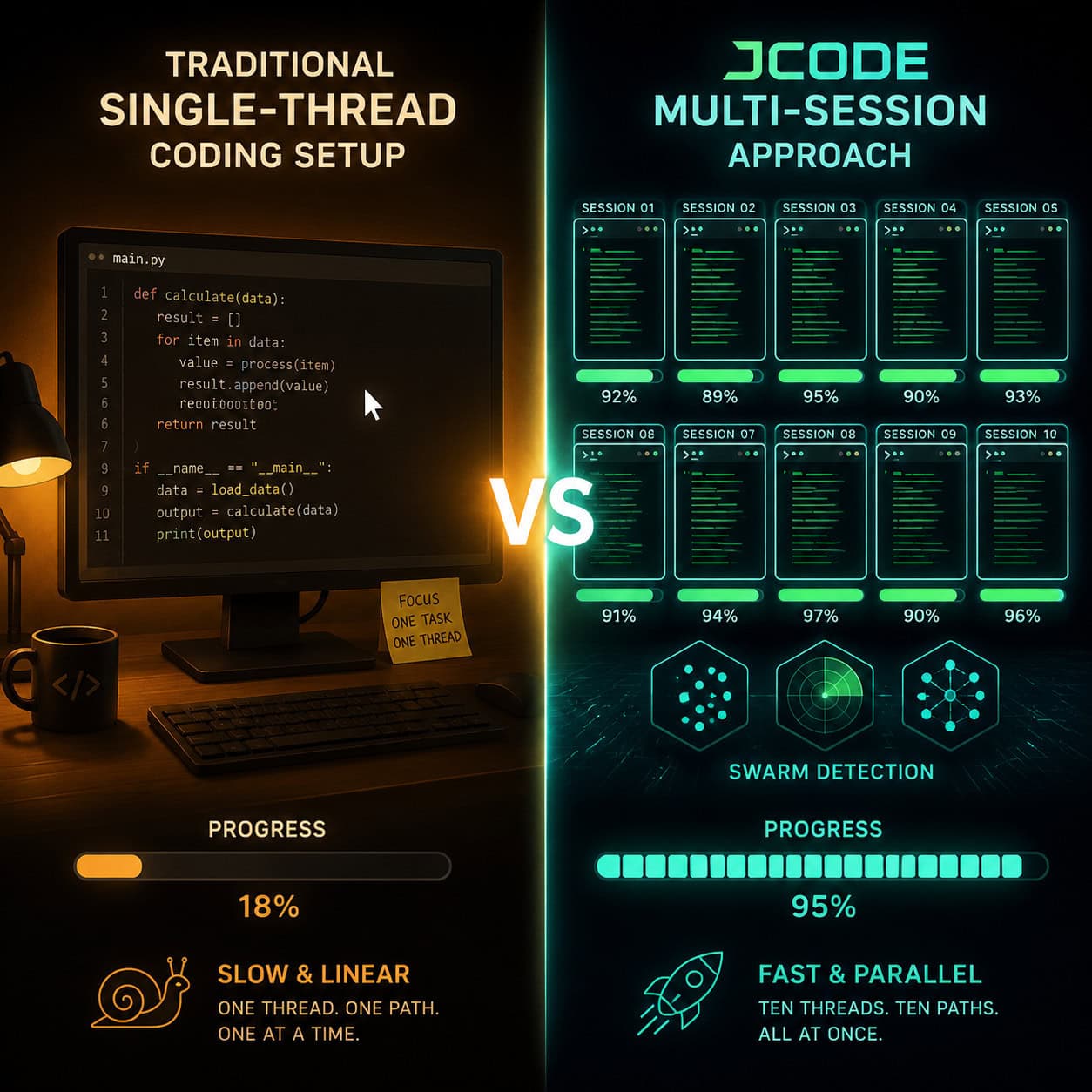() split-screen comparison image showing on the left side a traditional single-thread coding setup (one monitor, one cursor,