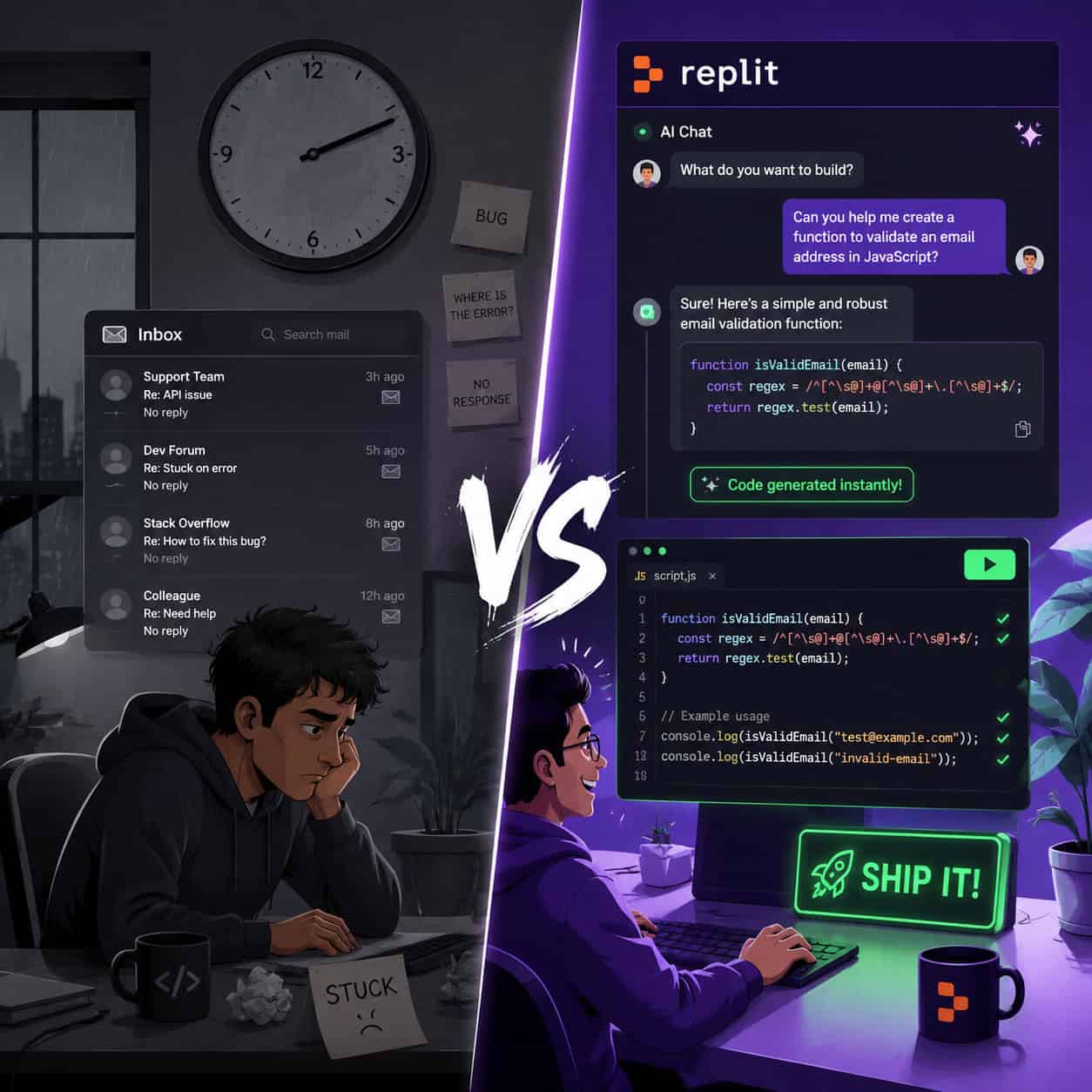 () split-screen comparison image showing two developer scenarios side by side. Left side: frustrated developer waiting at