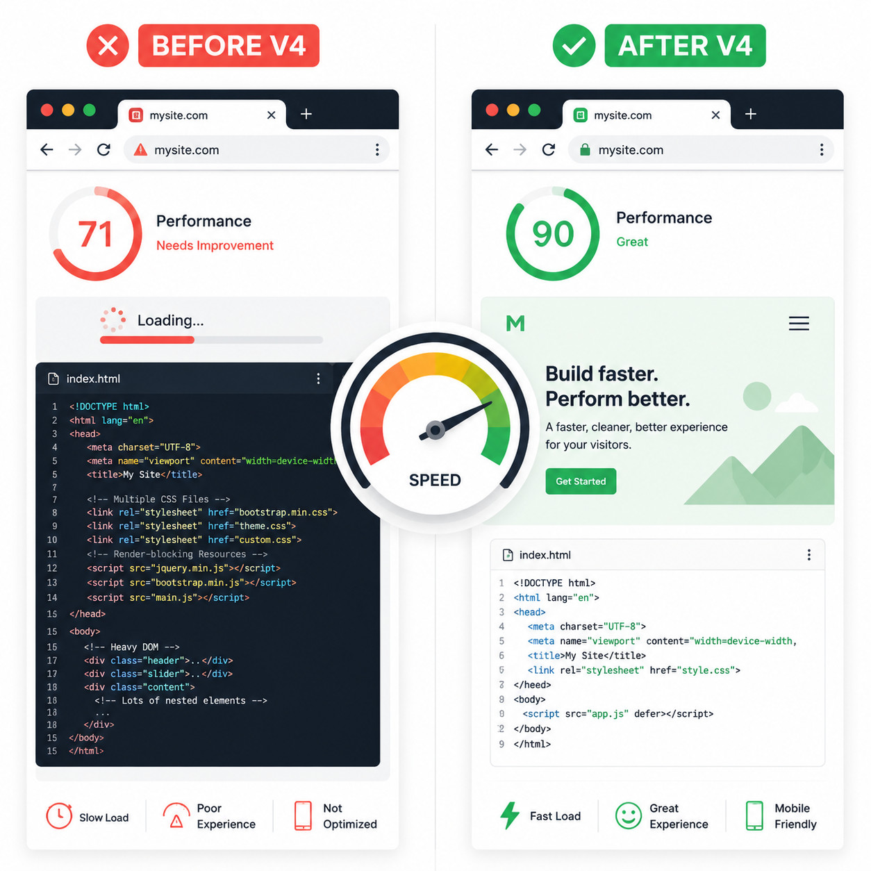 () split-screen comparison image. Left panel shows a browser with a slow-loading webpage, red performance score of 71, heavy