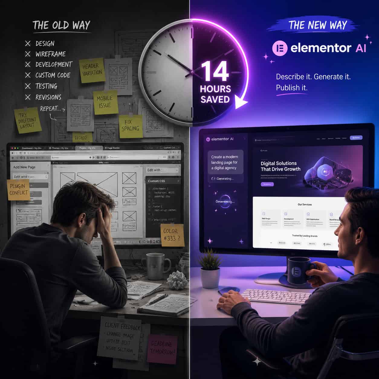 () split-screen comparison image. Left side shows a traditional WordPress design workflow with scattered sticky notes,