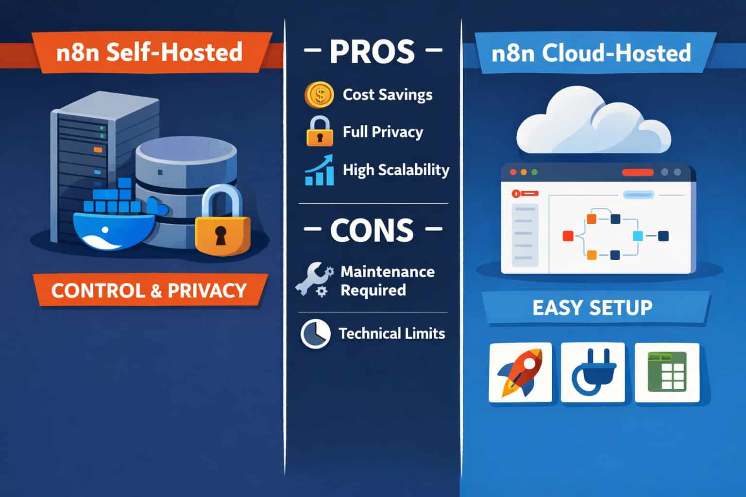 () split-screen comparison infographic showing n8n self-hosted setup on the left (server icon, Docker container, data lock