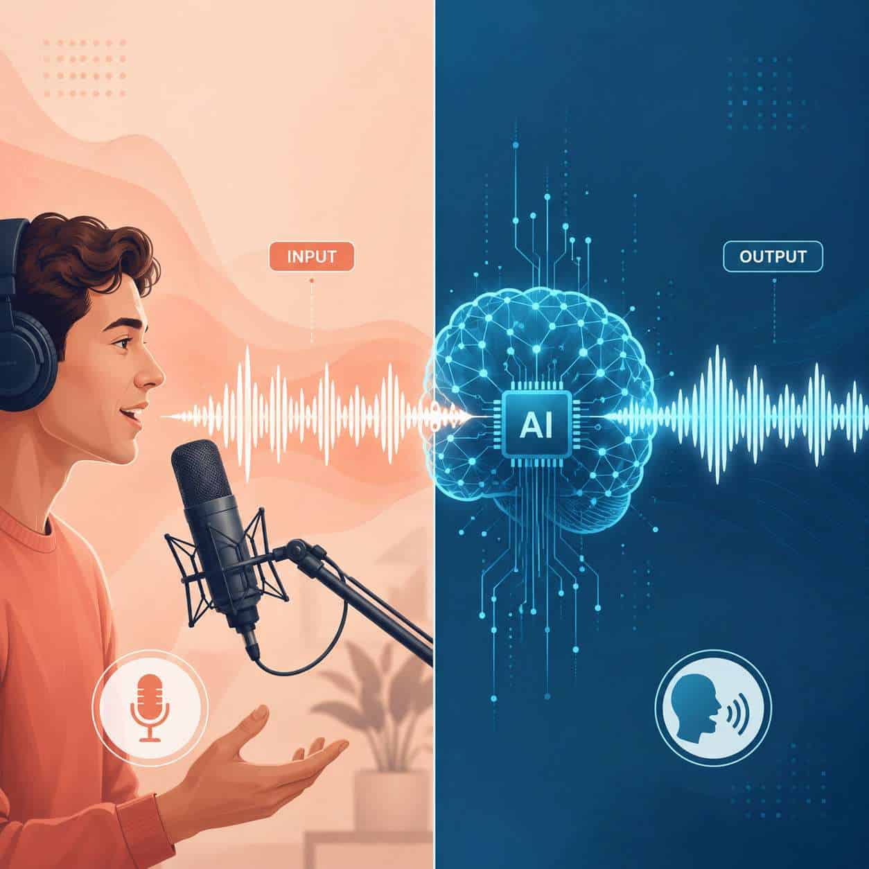 () split-screen comparison infographic style image. Left side shows a person speaking into a professional studio microphone