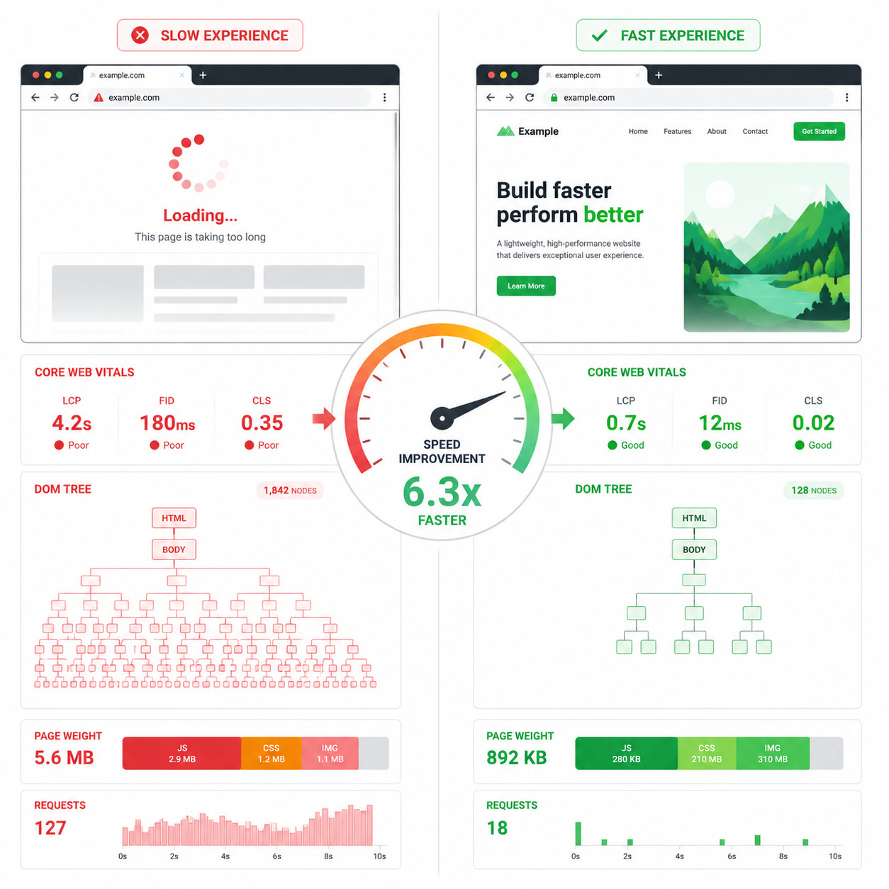() split-screen comparison showing website performance metrics. Left panel shows a browser with a slow-loading page, red