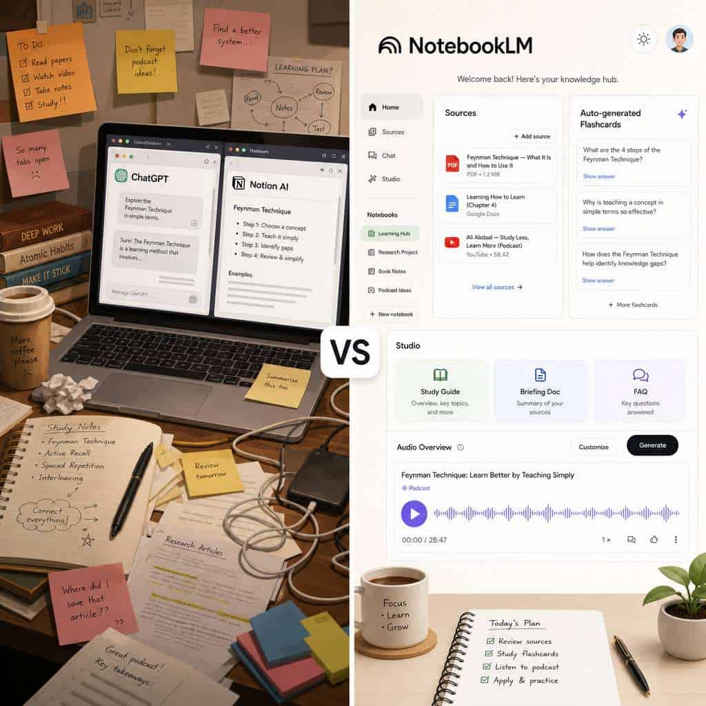 () split-screen comparison visual: left side shows a cluttered desk with scattered papers, sticky notes, and open browser