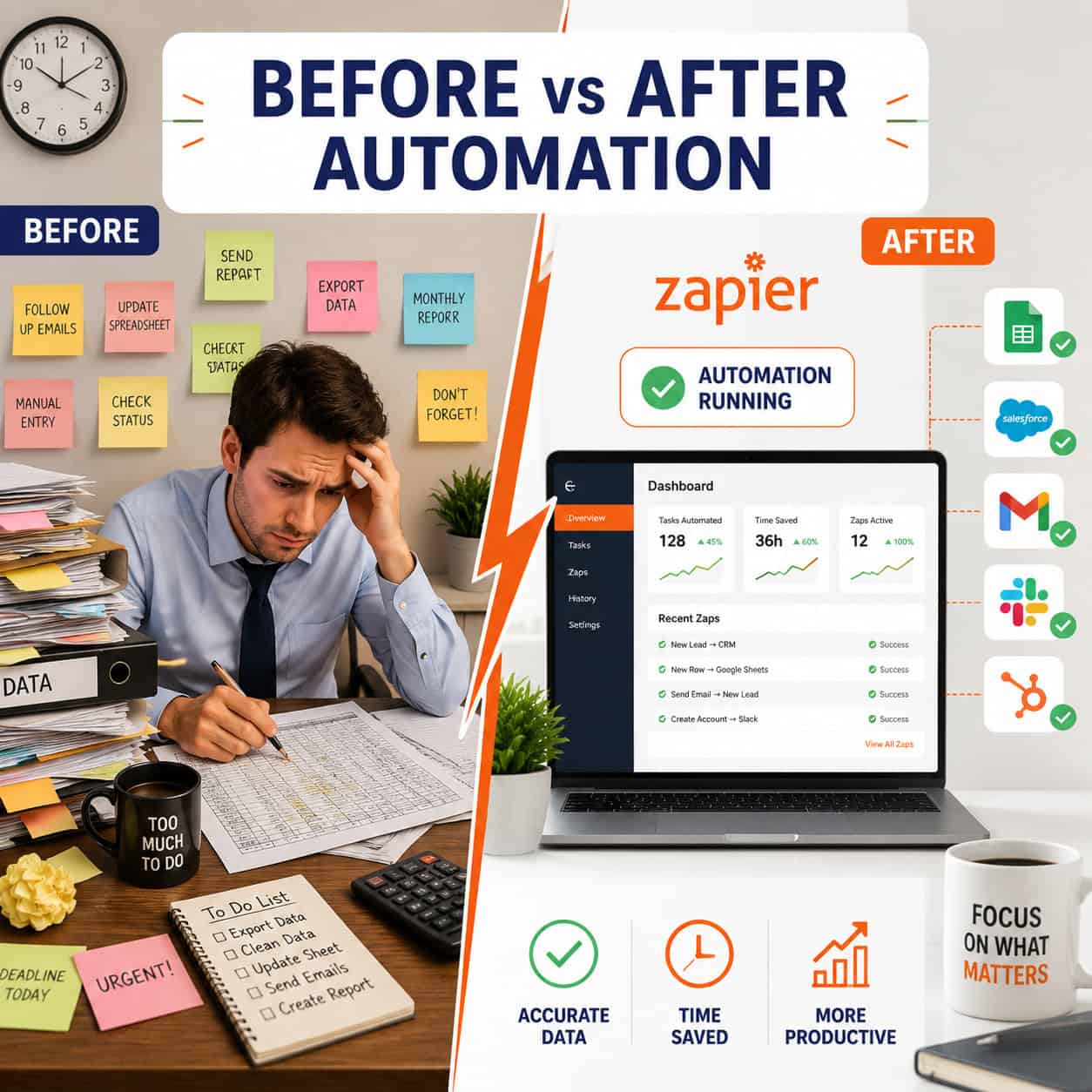 () split-screen comparison visual: left side shows a cluttered desk with sticky notes, manual spreadsheets, and a stressed