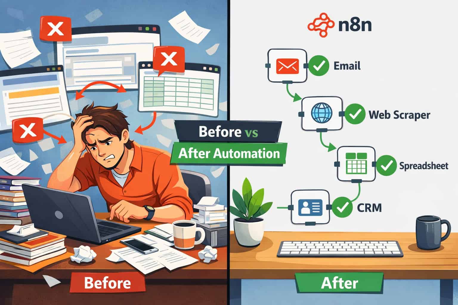 () split-screen comparison visual: left side shows a person manually copying data between multiple browser tabs and