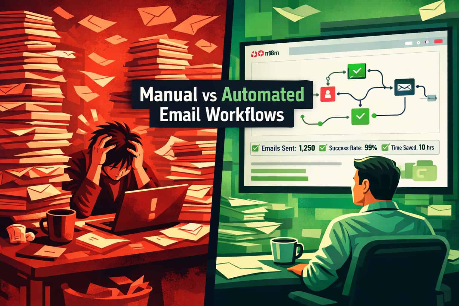 () split-screen comparison visual: left side shows a person overwhelmed at a desk with hundreds of manual emails stacked