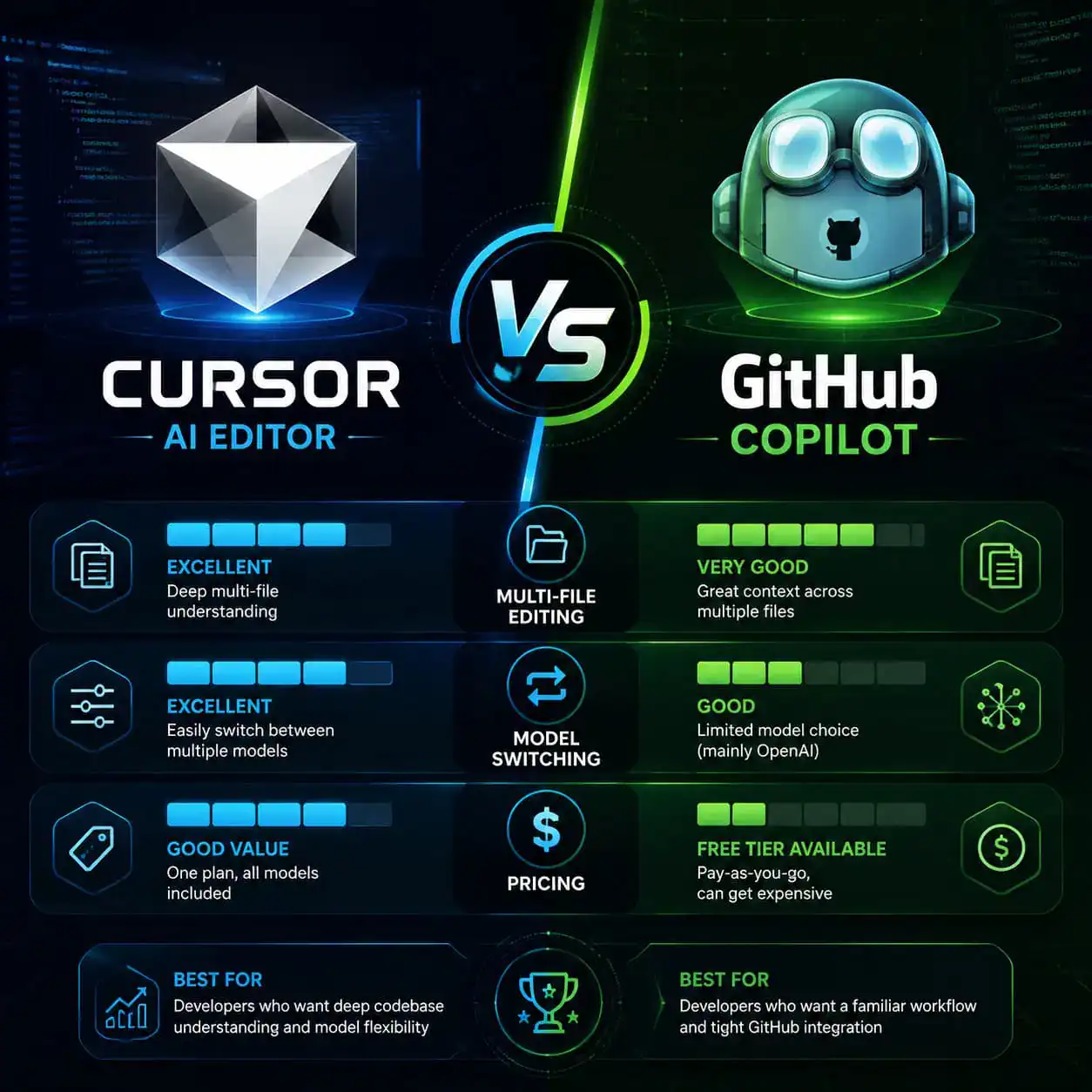 () split-screen comparison visual showing Cursor AI editor logo on left side versus GitHub Copilot logo on right side, with