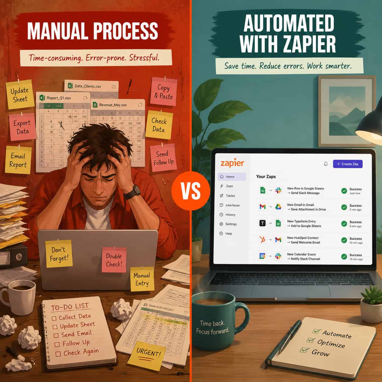 () split-screen comparison visual showing left side labeled 'Manual Process' with a stressed person surrounded by sticky