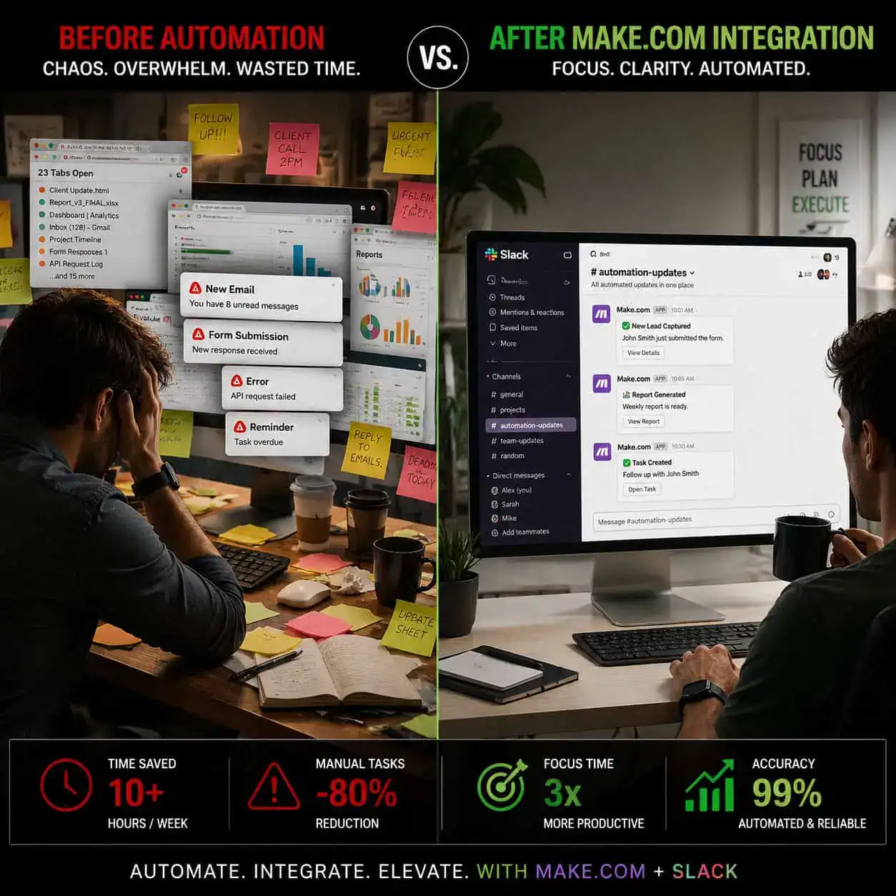() split-screen comparison visual showing two office scenarios side by side: left panel shows a chaotic desk with sticky