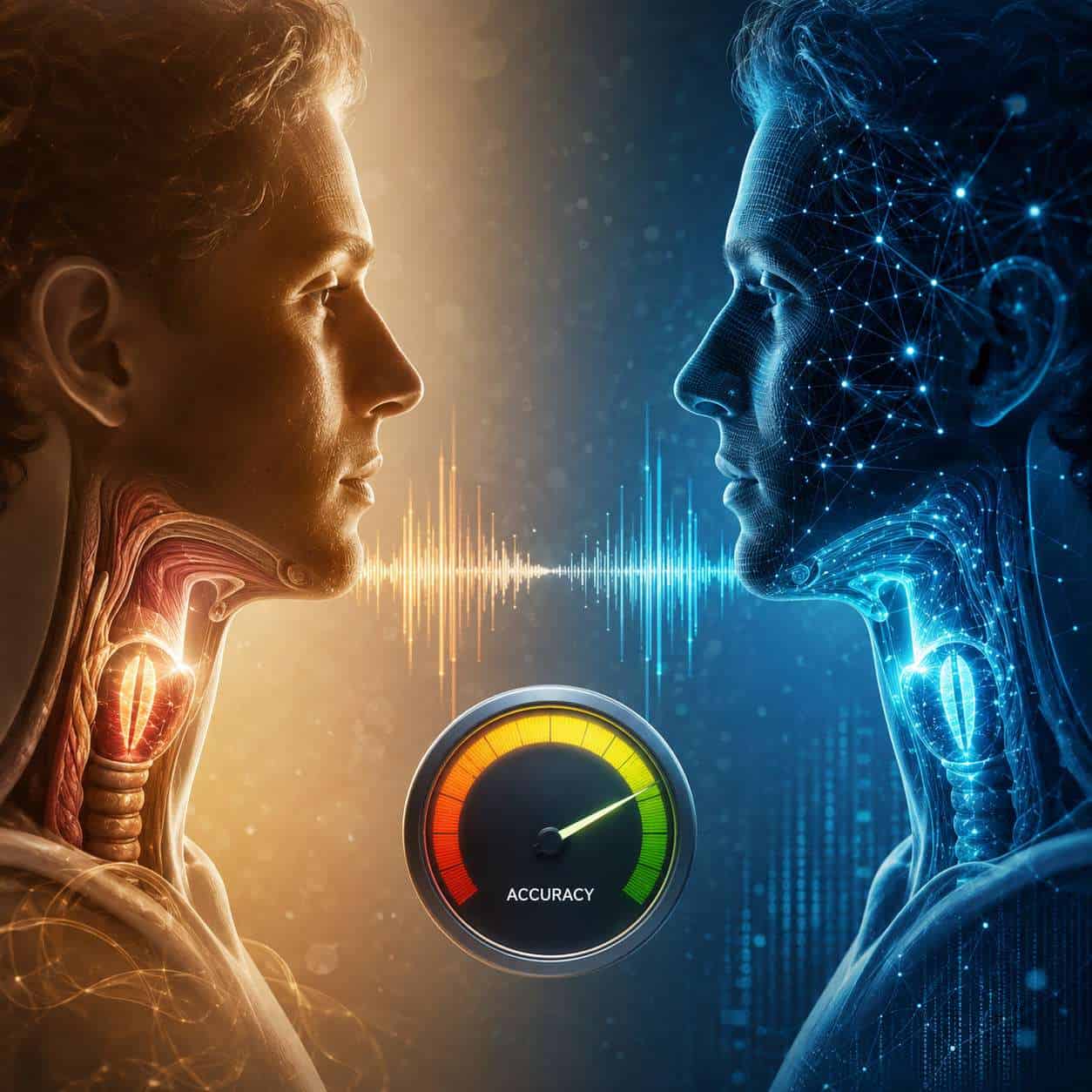 () split-screen comparison visualization showing two identical human silhouette profiles facing each other, one organic with