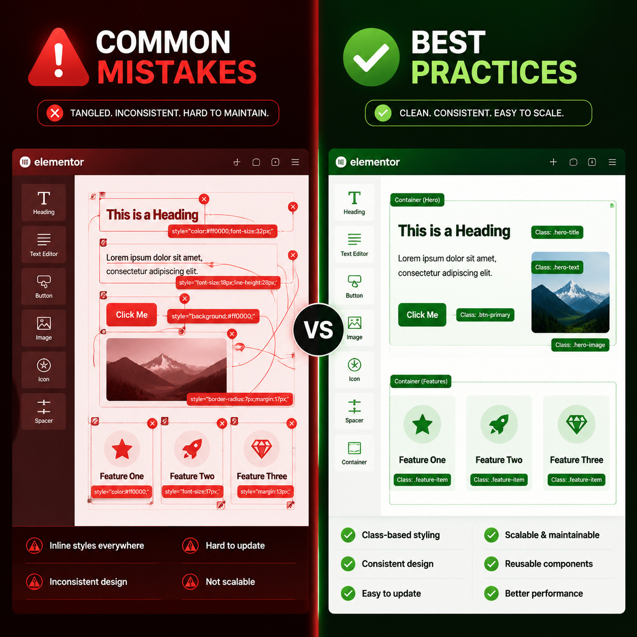 () split-screen conceptual illustration showing common mistakes vs best practices when using Elementor Atomic Elements: left