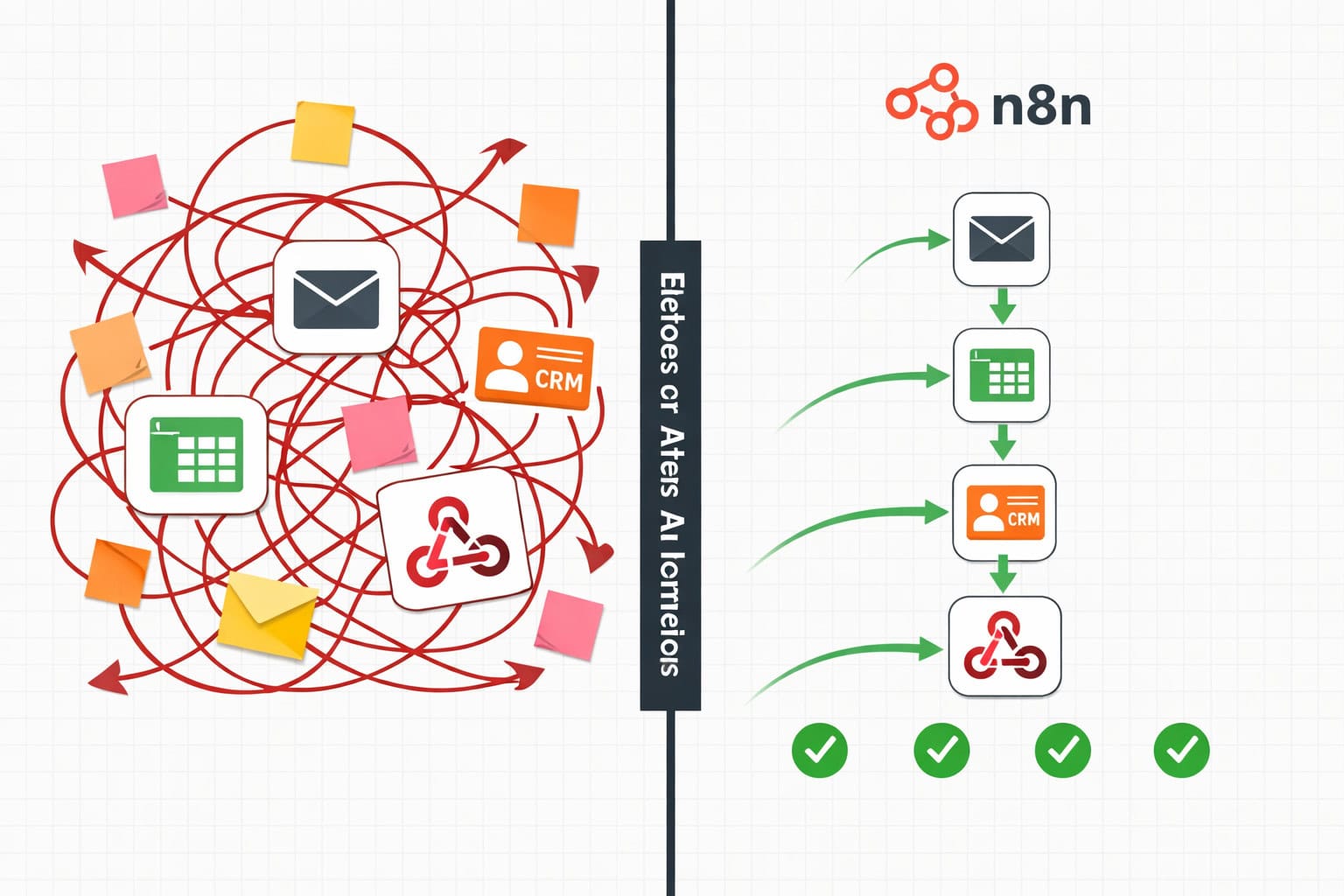 () split-screen infographic illustration: left side shows a tangled mess of manual tasks represented by chaotic red arrows