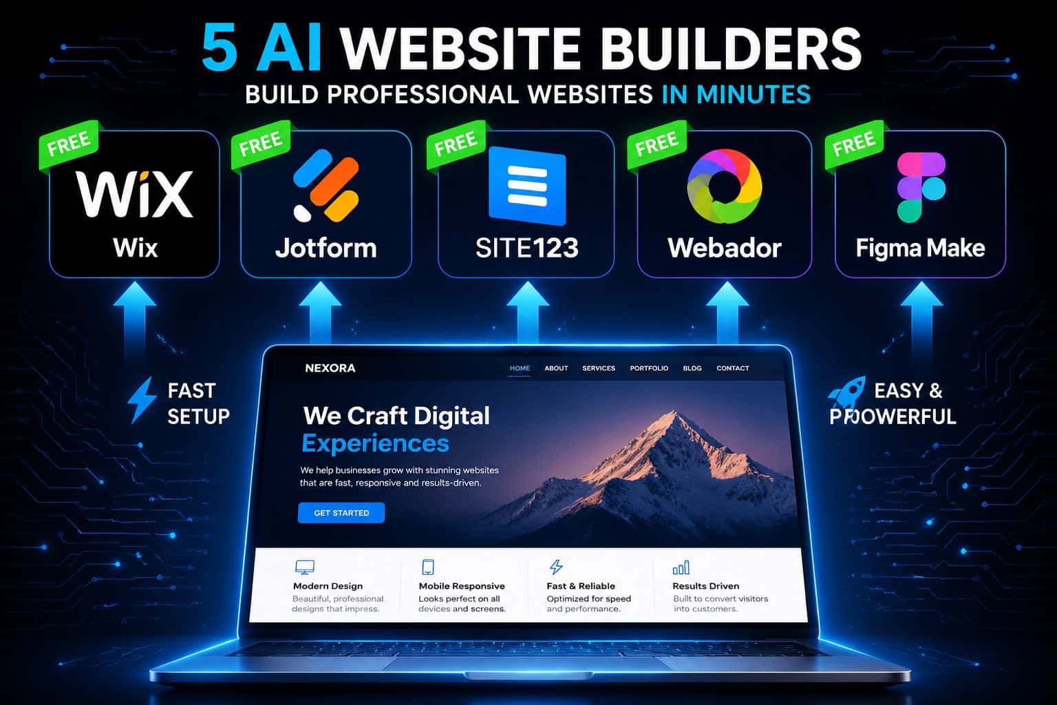 () split-screen infographic showing five distinct AI website builder logos (Wix, Jotform, SITE123, Webador, Figma Make)