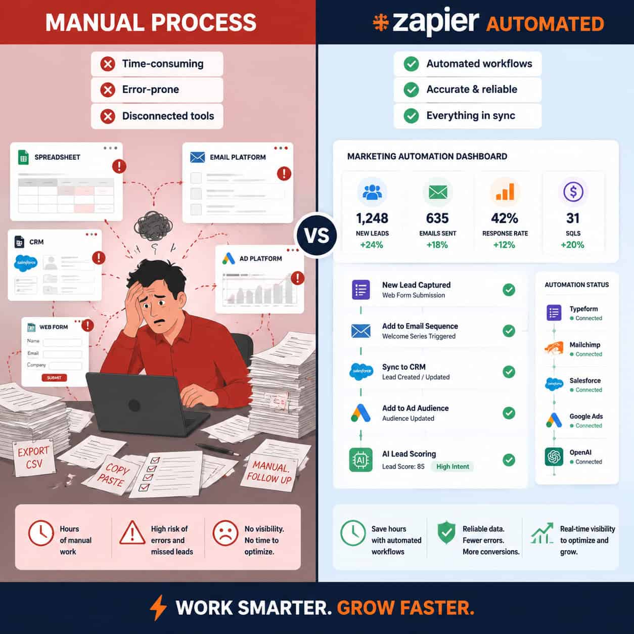 () split-screen infographic showing two contrasting marketing workflows: left side labeled 'Manual Process' shows a stressed