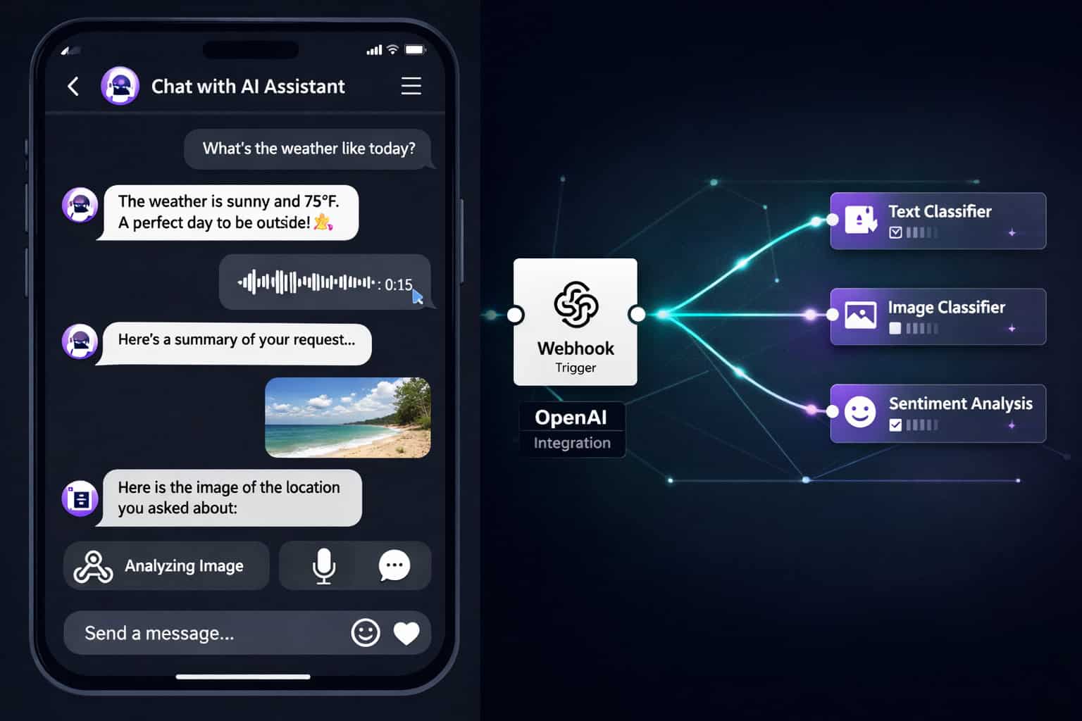 () split-screen visualization: left side shows Instagram DM conversation with AI chatbot responses including text, voice