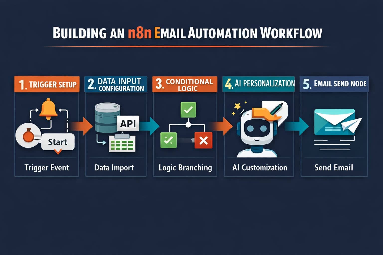 () step-by-step process diagram showing 5 numbered stages of building an n8n email automation workflow: trigger setup, data