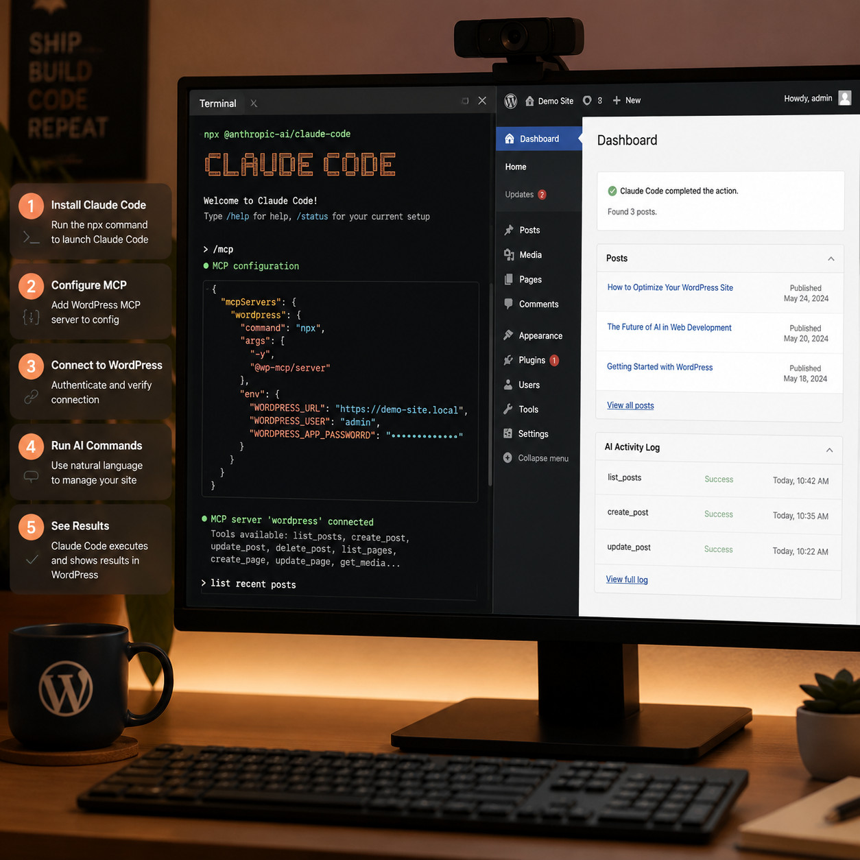 () step-by-step setup visualization showing a developer's desktop screen with a split view: left side shows a terminal