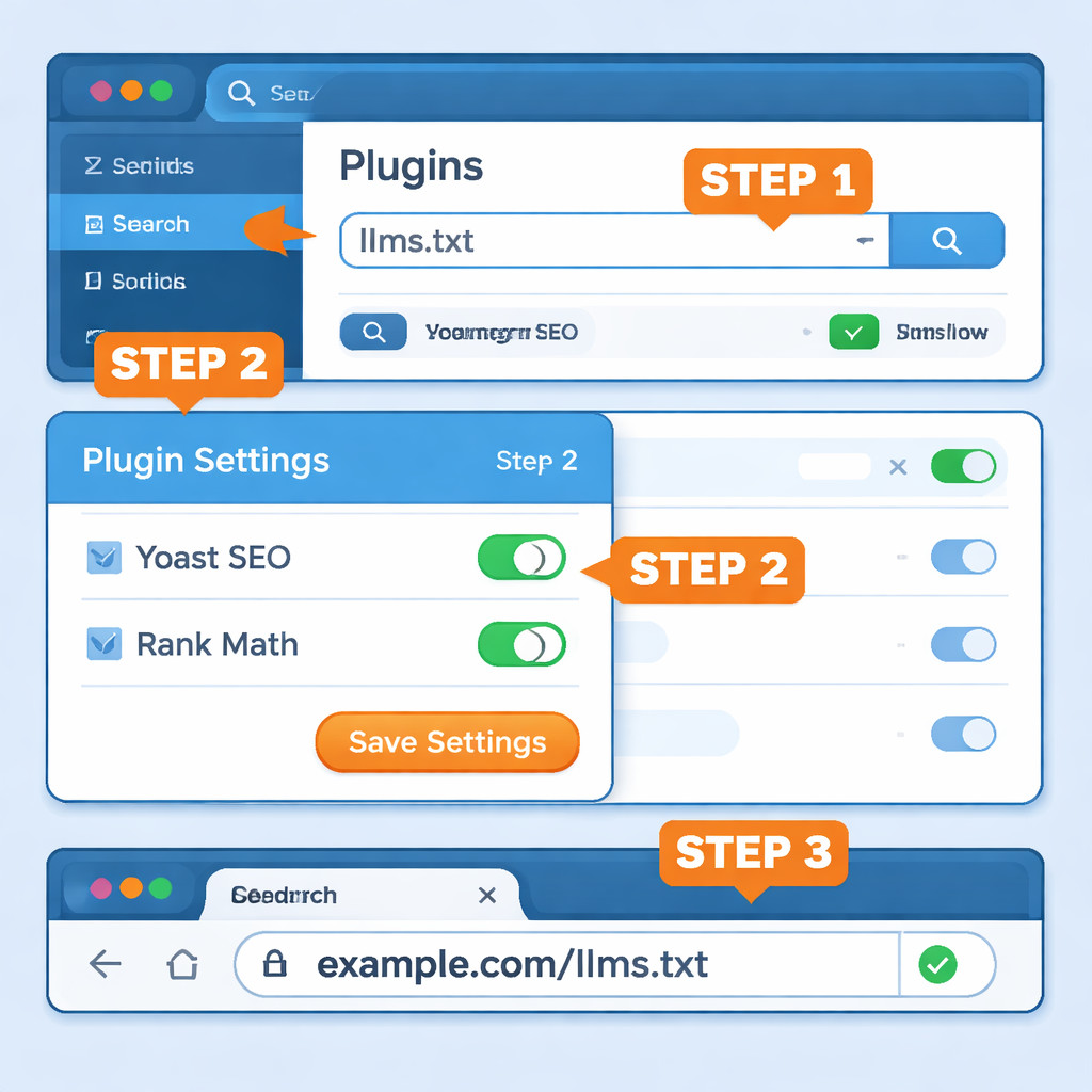 () step-by-step visual guide showing a WordPress admin dashboard screen with the plugins section open. Three numbered steps