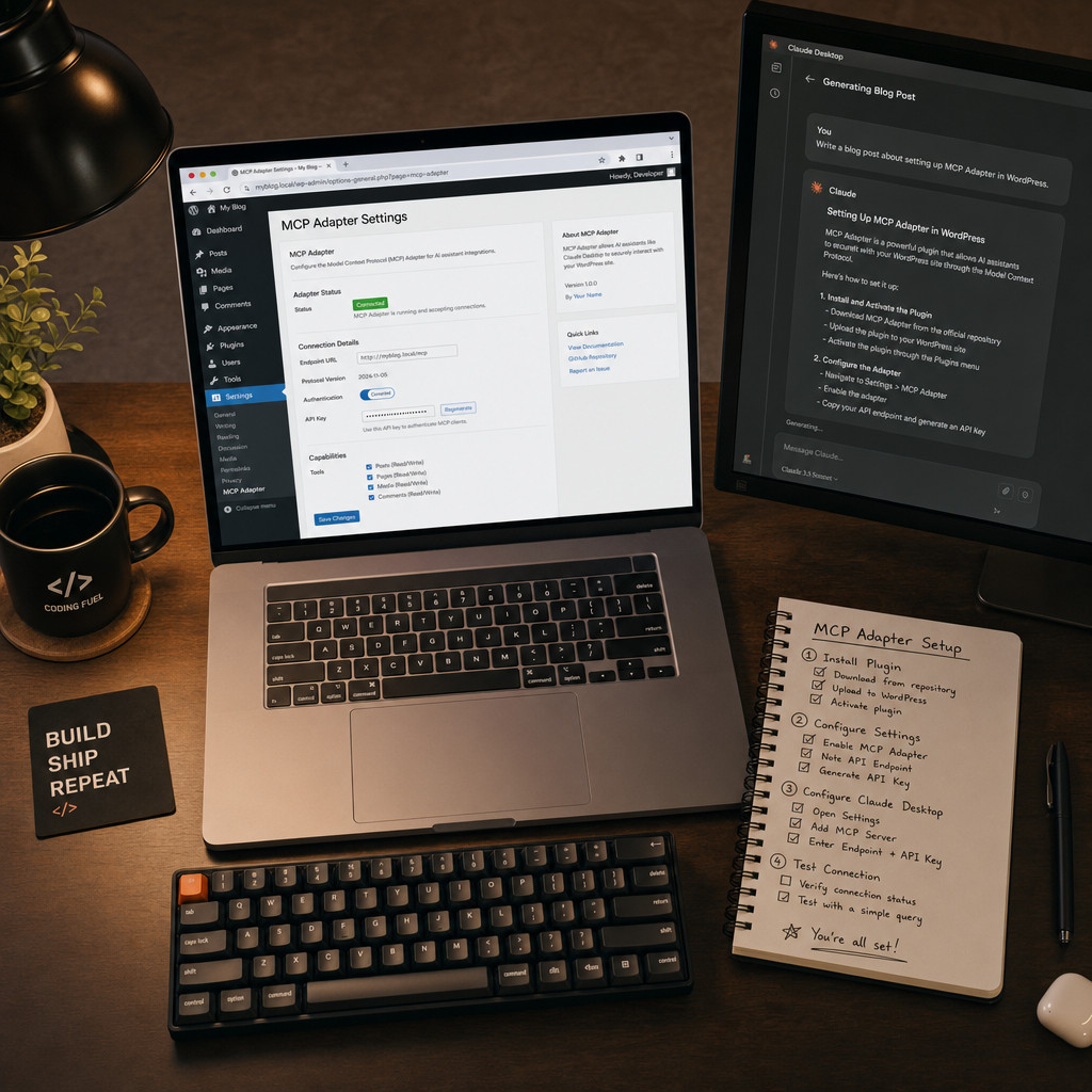 () step-by-step visual showing a developer's desktop workspace from above with a laptop displaying a WordPress admin panel