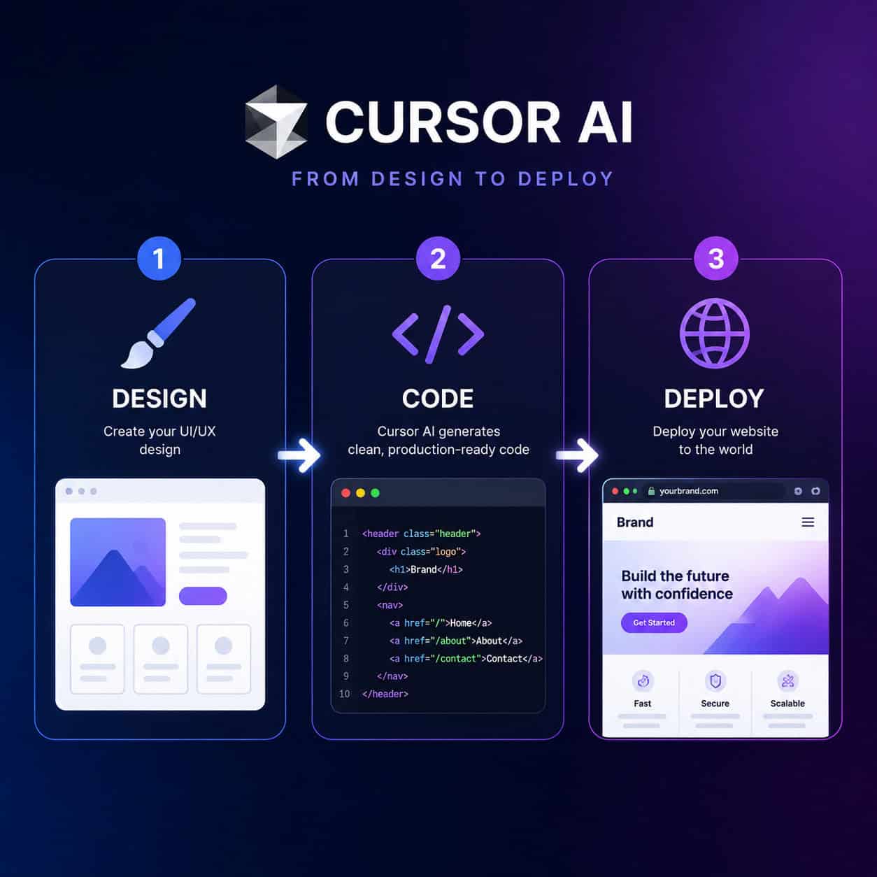 () step-by-step workflow diagram showing the Cursor AI coding process from left to right: a design mockup on the left