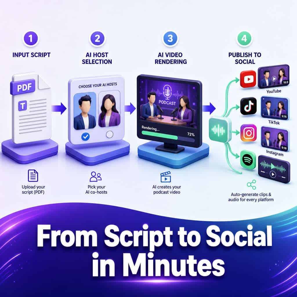 () step-by-step workflow diagram showing the HeyGen AI podcast creation process as a horizontal pipeline: Step 1 shows a