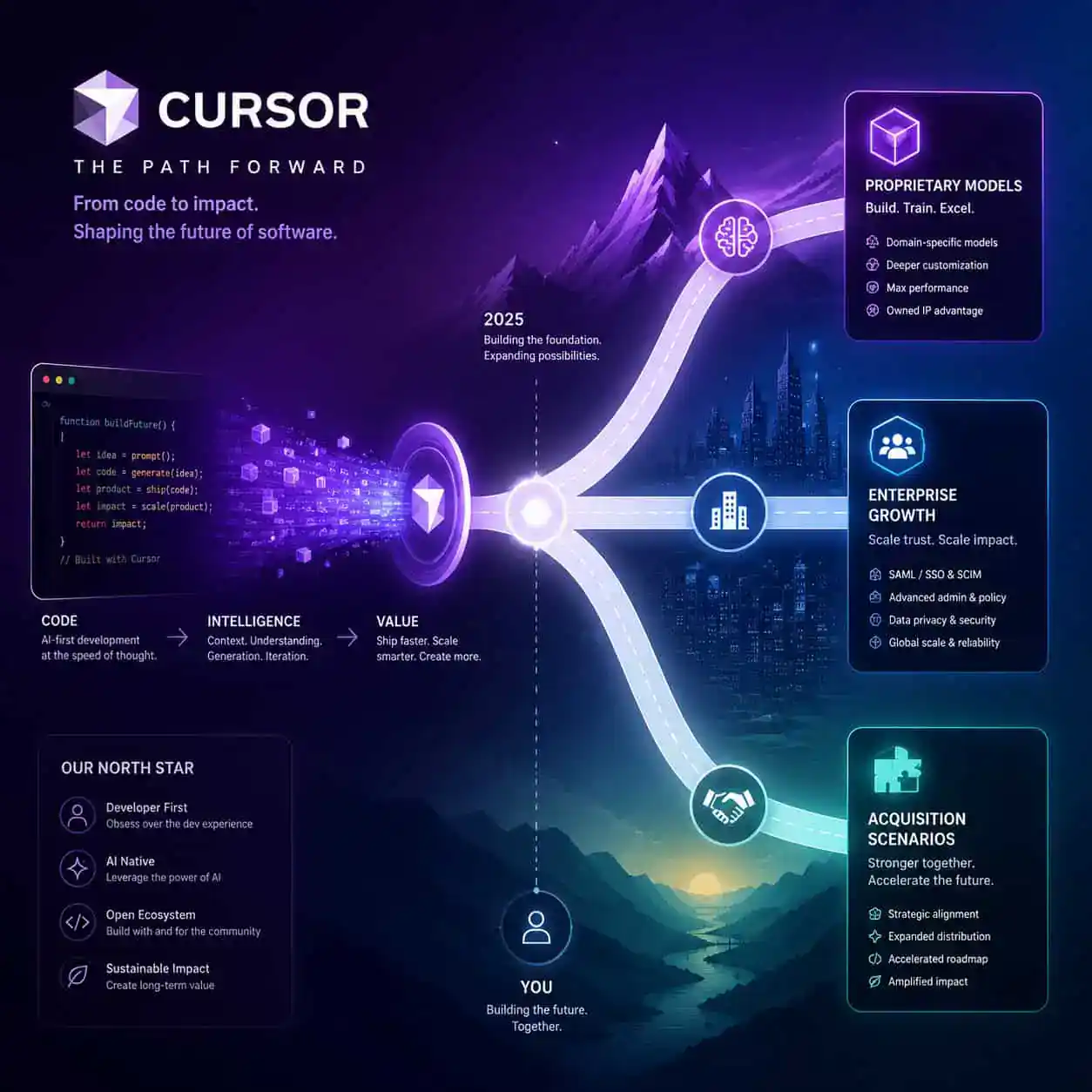 () strategic roadmap visualization showing Cursor AI's future direction, featuring a branching path diagram with nodes for