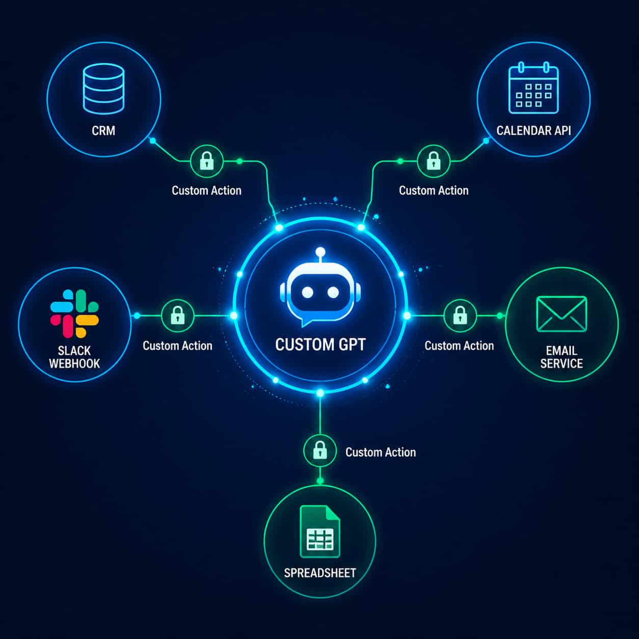 () technical diagram illustration showing a Custom GPT in the center as a glowing node, with labeled connection lines