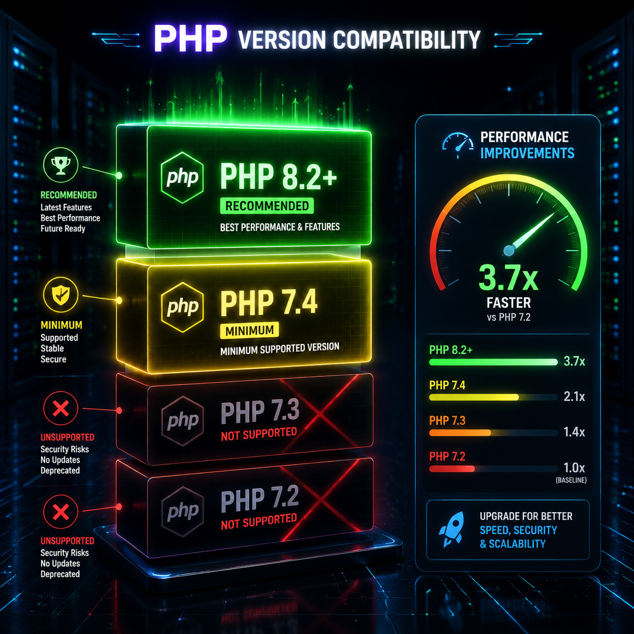 () technical diagram showing PHP version compatibility as a layered stack visualization. Bottom layers labeled PHP 7.2 and