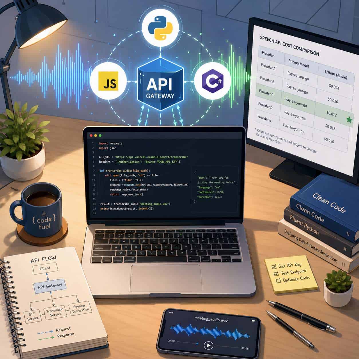 () technical illustration showing a developer workspace from above with a laptop displaying Python code making API calls,