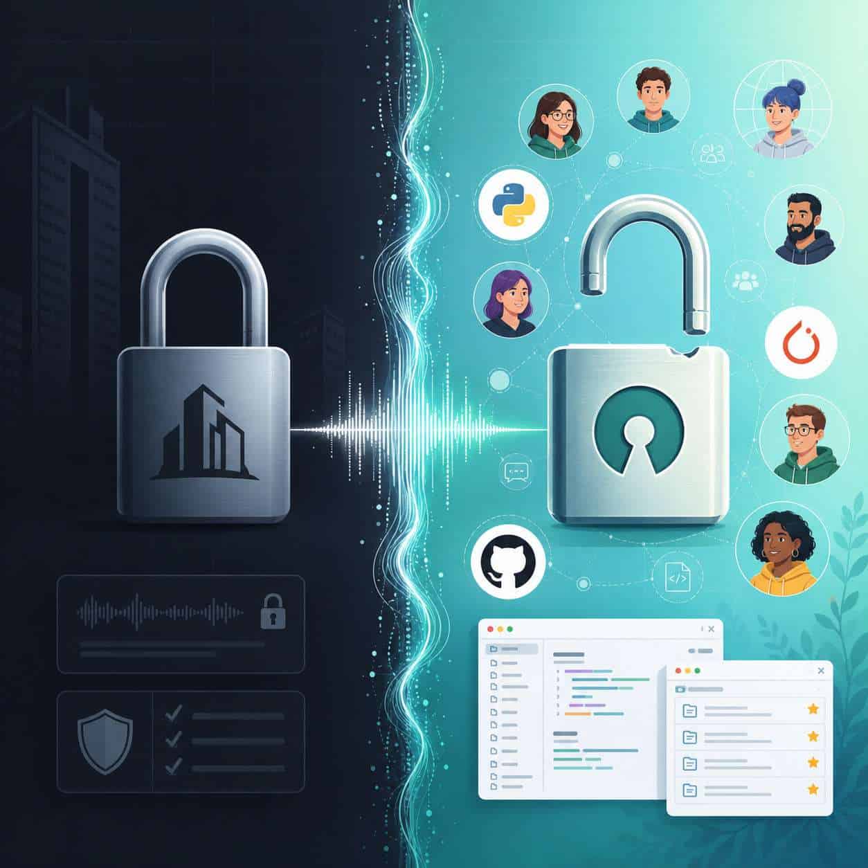 () technical illustration showing a split-screen comparison: left side displays a locked padlock with a corporate logo