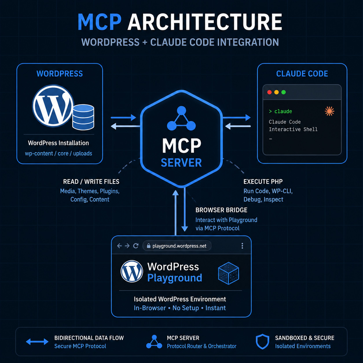 () technical illustration showing the MCP architecture diagram for WordPress and Claude Code integration. A central hub