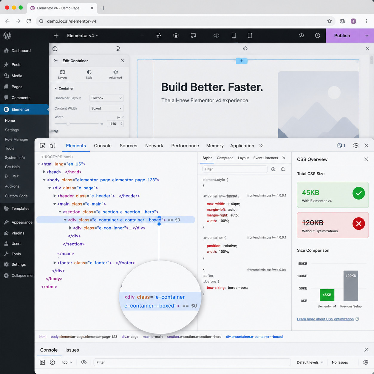 () technical screenshot-style illustration of a browser DevTools panel inspecting an Elementor v4 page. The Elements panel