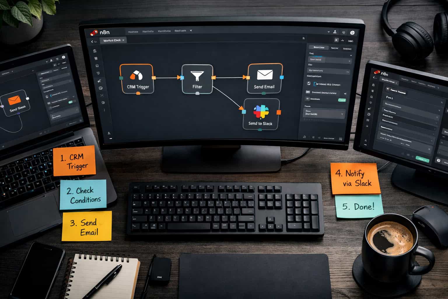 () top-down aerial view of a modern developer's desk with multiple monitors displaying the n8n workflow editor interface,