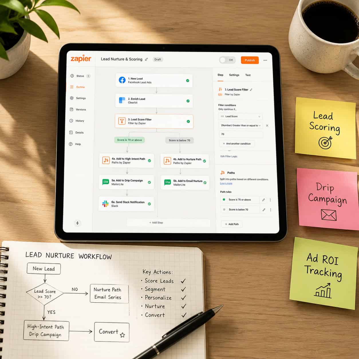 () top-down flat-lay composition of a marketing strategy planning session showing a tablet displaying Zapier's multi-step