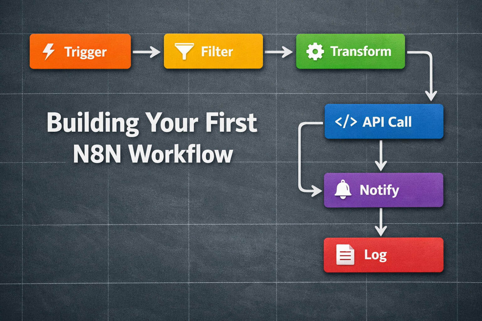 () top-down flat-lay style illustration of a multi-step automation workflow diagram with 6 connected rectangular nodes