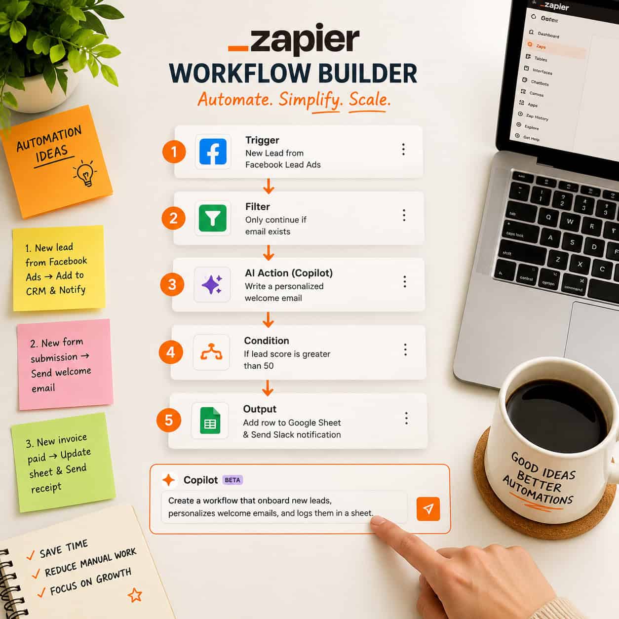 () top-down flat-lay style infographic showing a Zapier workflow builder interface with numbered steps 1-5 (Trigger, Filter,