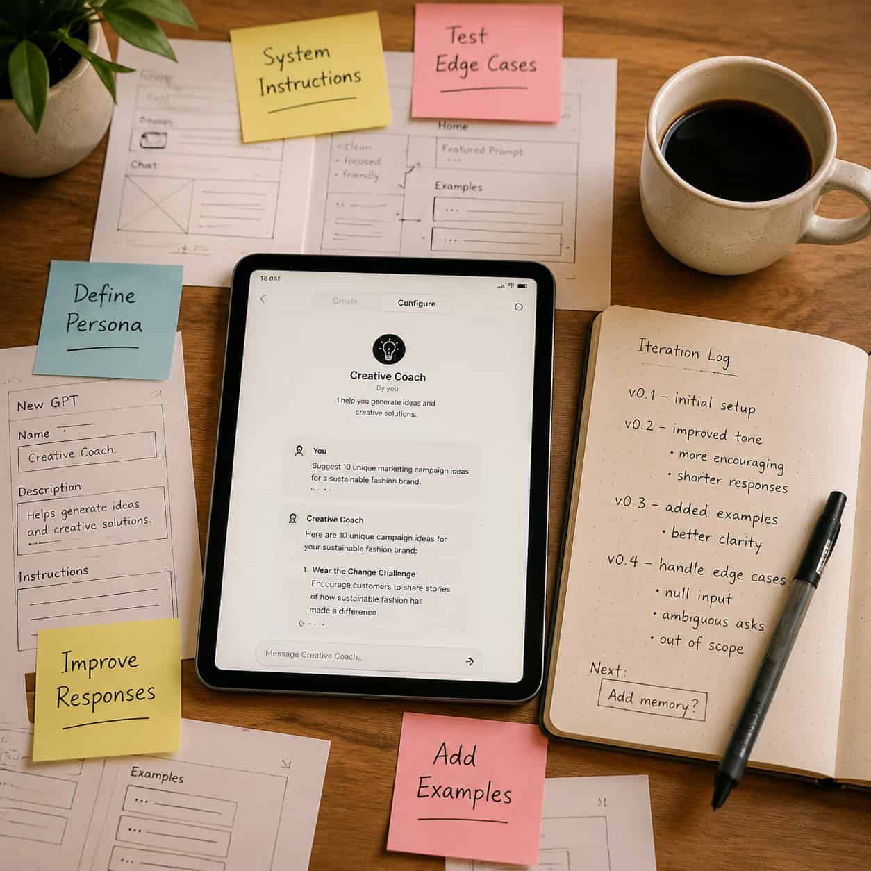 () top-down overhead photograph of a designer's desk with a tablet showing a custom GPT app interface, surrounded by printed