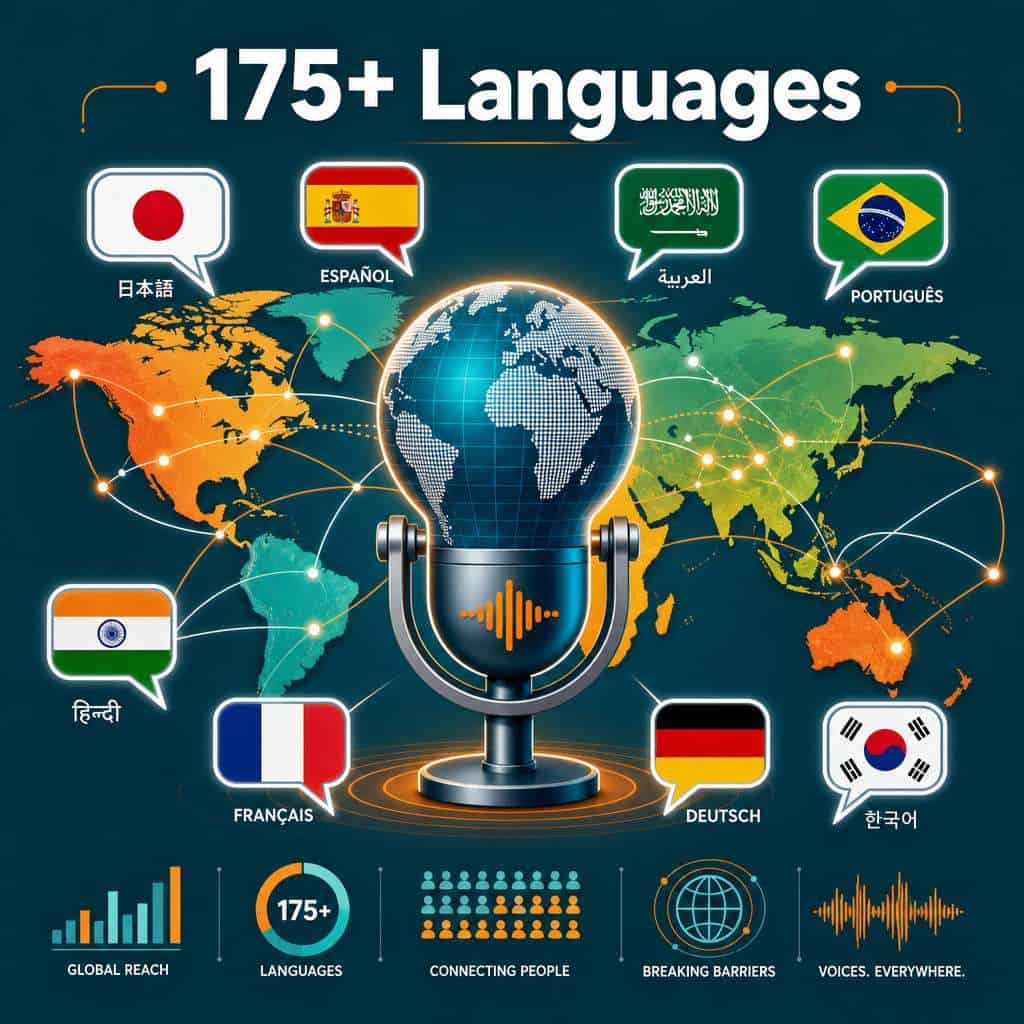 Global language map with 175+ languages and diverse country flags, including Japan, Spain, Saudi Ara.