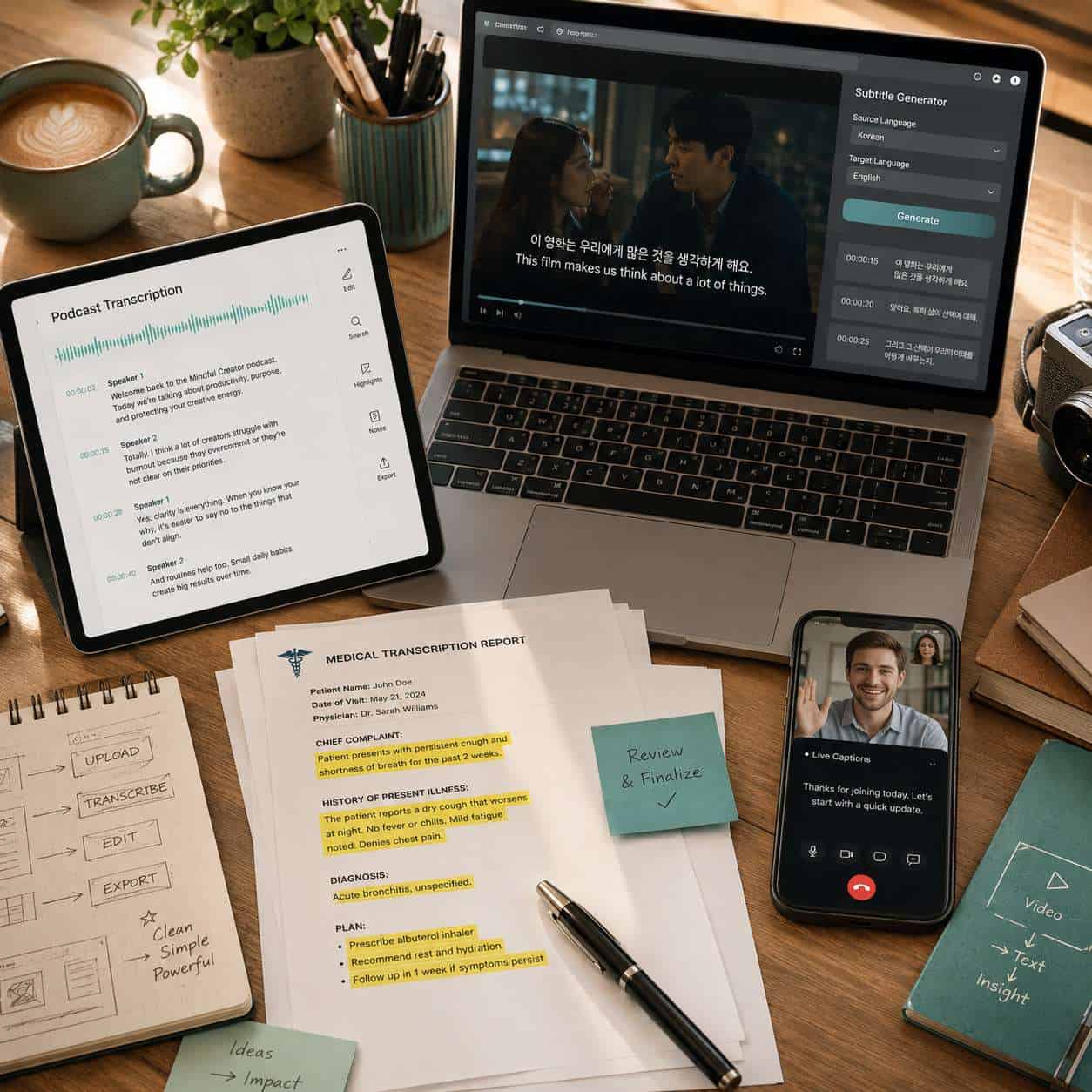 () wide-angle birds-eye view of a creative studio desk with multiple devices showing different use cases of video-to-text