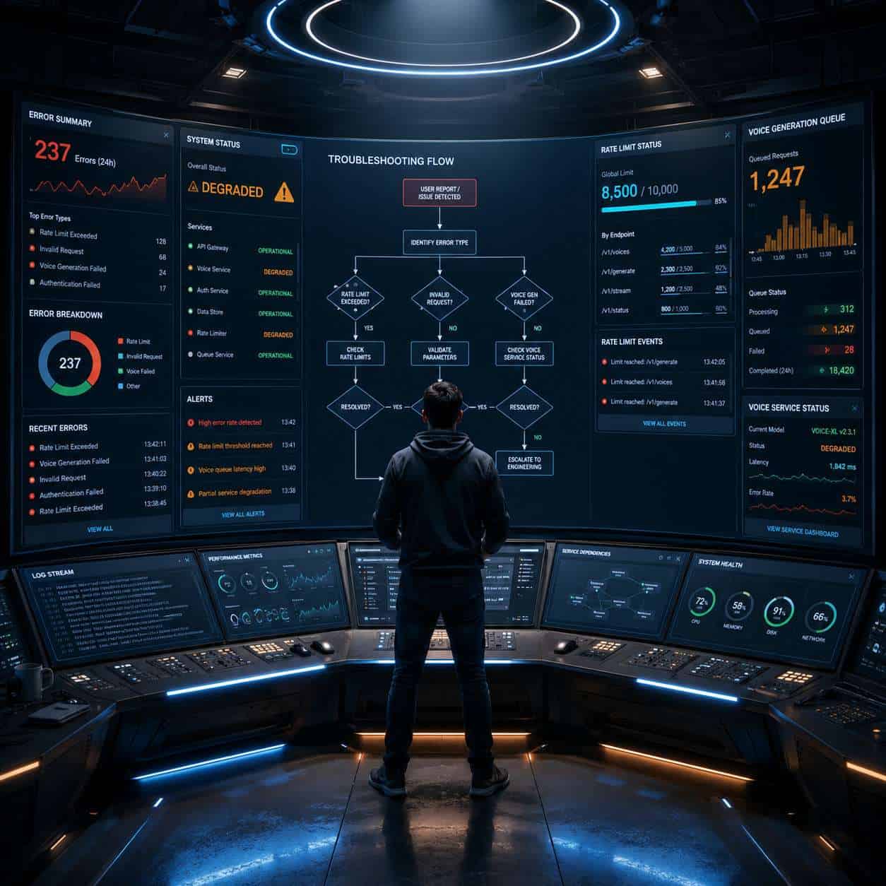 () wide-angle view of a futuristic control room with multiple screens showing error handling dashboards, rate limit
